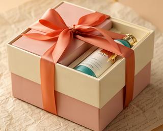 Beauty gift set in elegant box with ribbon on textured paper