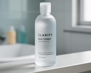 Clarify BHA toner in frosted bottle on bathroom shelf
