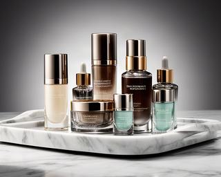 Premium luxe skincare collection with glass bottles on marble tray